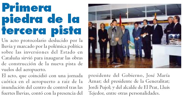 Not&iacute;cia de la posada de la primera pedra de la tercera pista de l'aeroport del Prat a la revista de l'Ajuntament del Prat (Octubre de 2002)