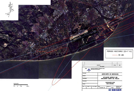 Envolvent nocturna en configuraci&oacute; OEST de 55dB de l'aeroport del Prat aprovada per la CSAAB l'11 de desembre de 2003