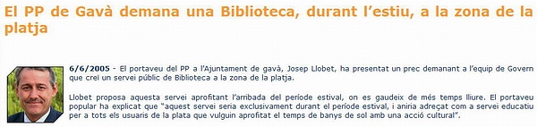 Nota de premsa del PPC de Gav&agrave; reclamant la instal&middot;laci&oacute; d'una biblioteca durant l'estiu a Gav&agrave; Mar (6 de juny de 2005)