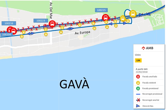 Canvi de recorregut de la l�nia L94 al seu pas per Gav� Mar (22 de Febrer de 2018)