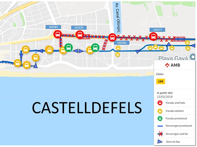 Canvi de recorregut de la l�nia L94 al seu pas per Castelldefels Platja (22 de Febrer de 2018)