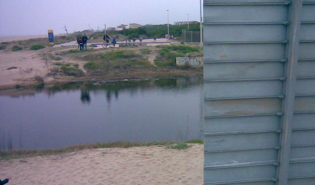 Imatge de la Riera dels Canyars des de darrera del cartell de les obres, zona per la que hauria de passar el nou pont del passeig mar�tim de Gav� Mar (28 de febrer de 2009)
