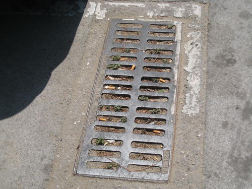 Embornal del carrer Cadaqu&eacute;s (quasi tocant amb el carrer Tellinaires) totalment taponat (Agost de 2007)