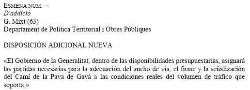 Esmena de Ciutadans als pressupostos de la Generalitat de Catalunya per a l'any 2009 sol�licitant que el Departament de Pol�tica Territorial assigni les partides necess�ries per a l'adequaci� de l'amplada de la via, l'asfalt i la senyalitzaci� a les condicions reals del volum de tr�nsit que suporta el cam� de la Pava de Gav� Mar (20 de novembre de 2008)