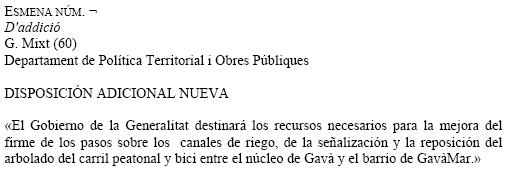 Esmena de Ciutadans als pressupostos de la Generalitat de Catalunya per a l'any 2009 sollicitant que el Departament de Poltica Territorial millori el carril bici i de vianants que uneix Gav amb Gav Mar (20 de novembre de 2008)
