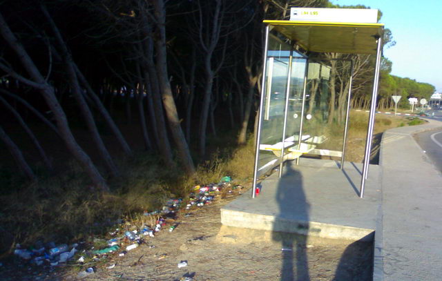 Parada de autob�s en la autov�a de Castelldefels (C-31) en el sector Llevant Mar de Gav� Mar sin papelera y por lo tanto, con todas las basuras de los usuarios de la parada por el suelo de la pineda (24 de Julio de 2009)