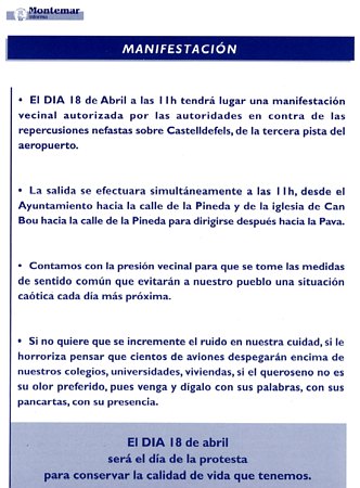 Cartell anunciant la manifestaci&oacute; a Castelldefels contra el soroll dels avions de l'aeroport del Prat (18 d'Abril de 2004)