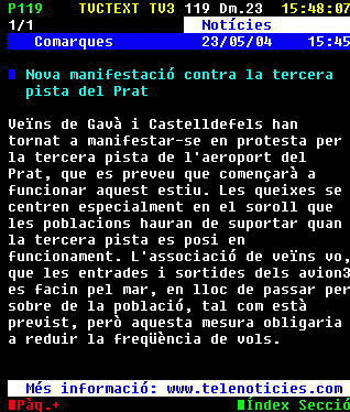 Teletext de TV3 informant sobre la manifestaci&oacute; de ve&iuml;ns de Gav&agrave; Mar protestant per les futures rutes de l'aeroport del Prat (23 de Maig de 2004)