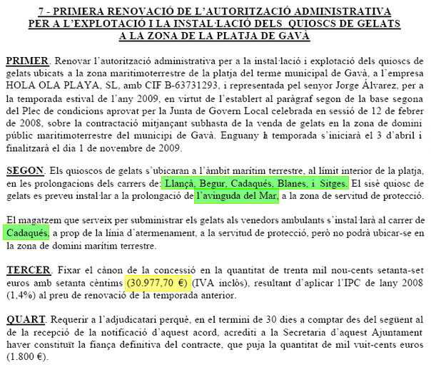 Acuerdo de la Junta de Gobierno Local de Gav� para renovar la autorizaci�n administrativa para la explotaci�n de los quioscos de helados en la playa de Gav� Mar (10 de marzo de 2009)